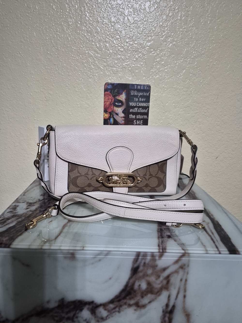 Coach Jade Pebbled Leather and Signature Canvas Shoulder/Crossbody Bag in Chalk